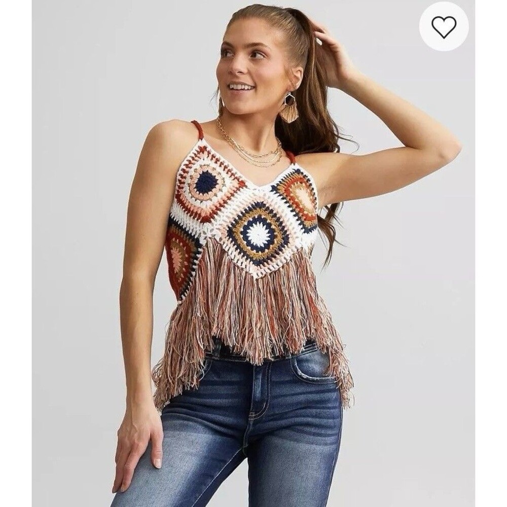 Miss Me Crochet Granny Square Halter Top Small Fringe Boho Festival Hippie Knit